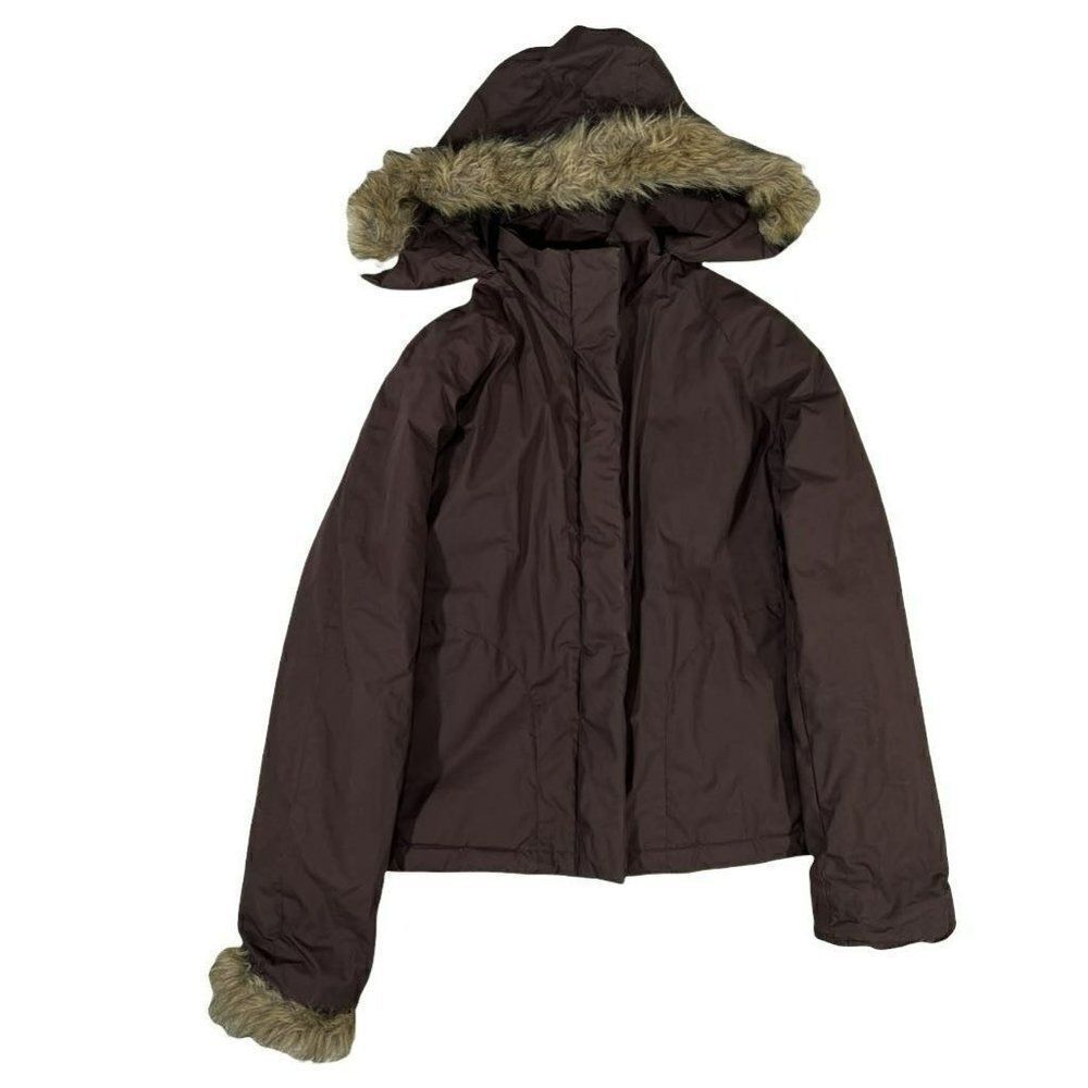 Old Navy‎ Womens Jacket Brown Full Zip Front Pockets Hooded Faux Fur Snap Small